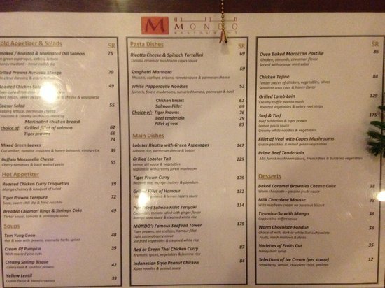 mondo-resturant menu