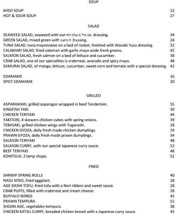 Samurai resturant menu