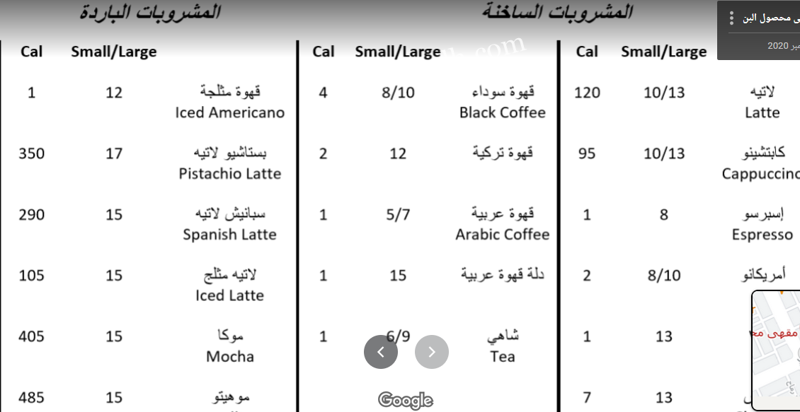 منيو مقهى محصول البن